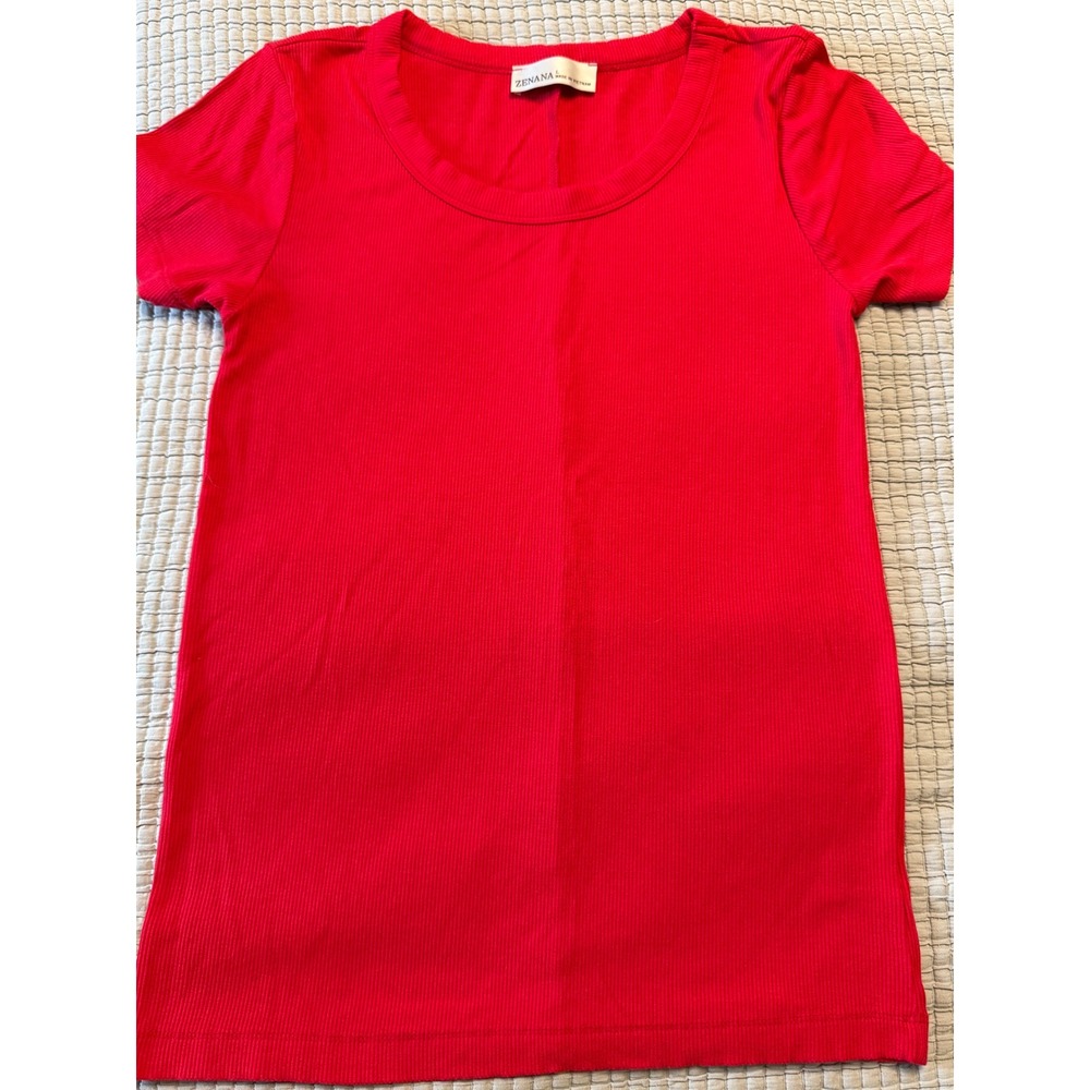 Zenana Womens Red Ribbed Scoop Neck SS T-Shirt Sz L Soft MinComfy Lightweight i